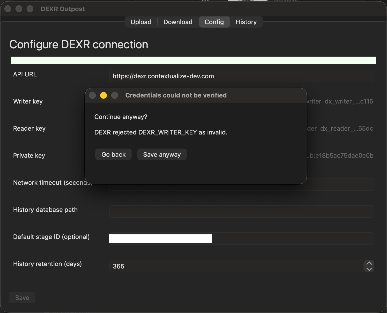 Config tab showing the yellow cloud-sync warning banner at the top