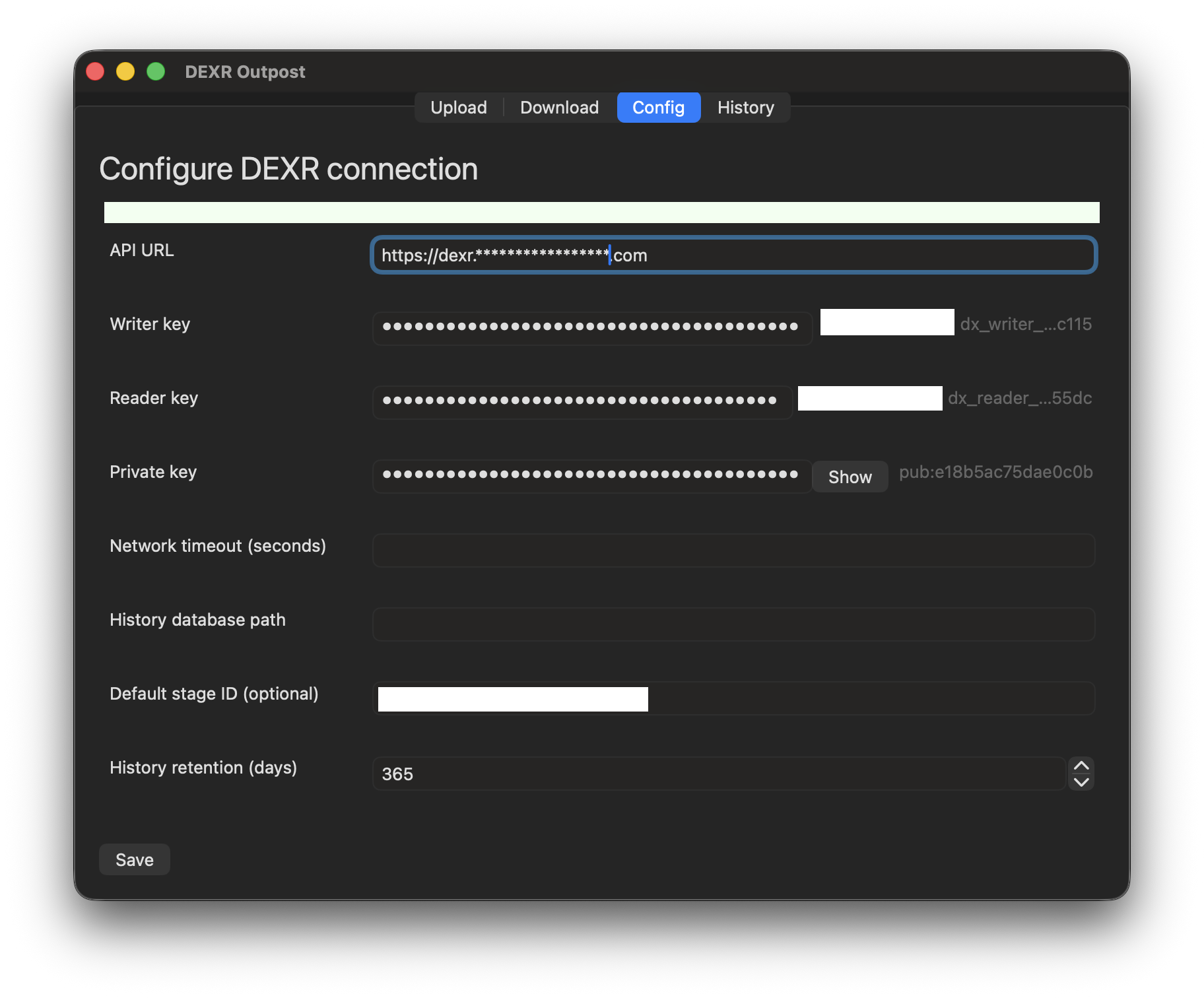 Config tab with all key fields visible and DEXR_PRIVATE_KEY masked