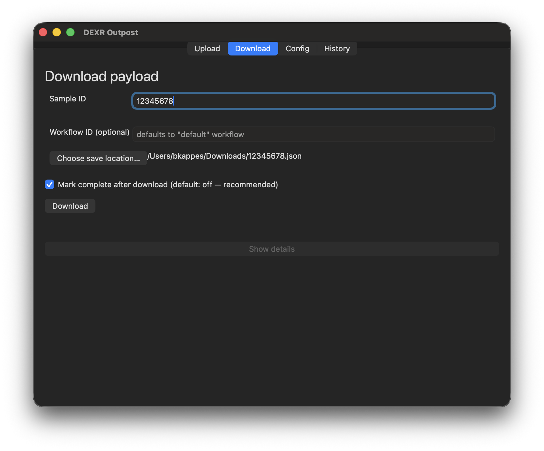 Download tab with Sample ID filled in and a save location chosen