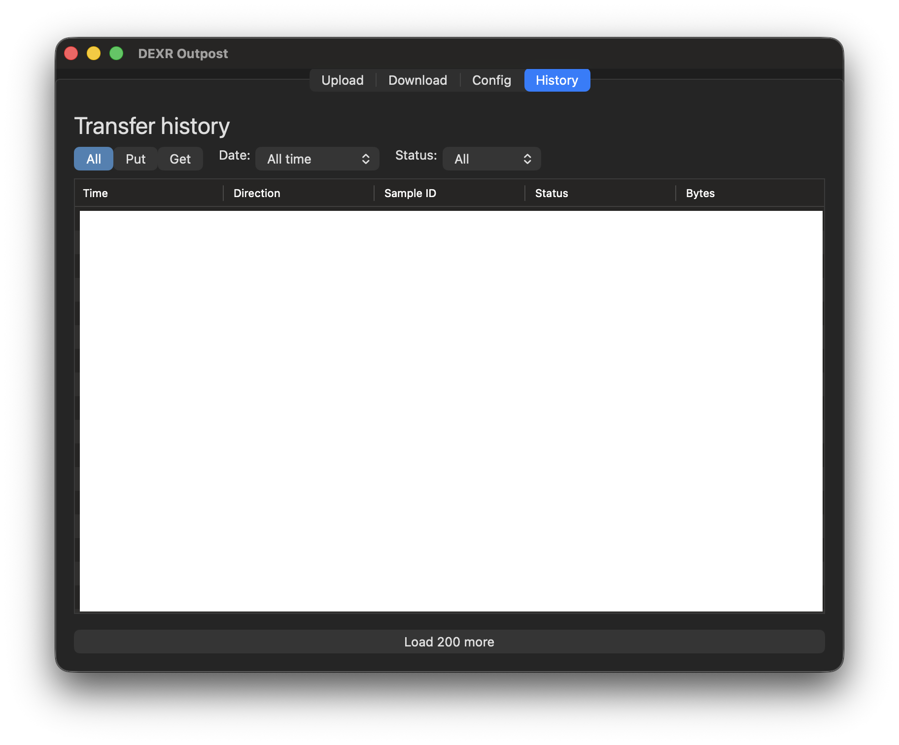 History tab in the "no transfers yet" empty state