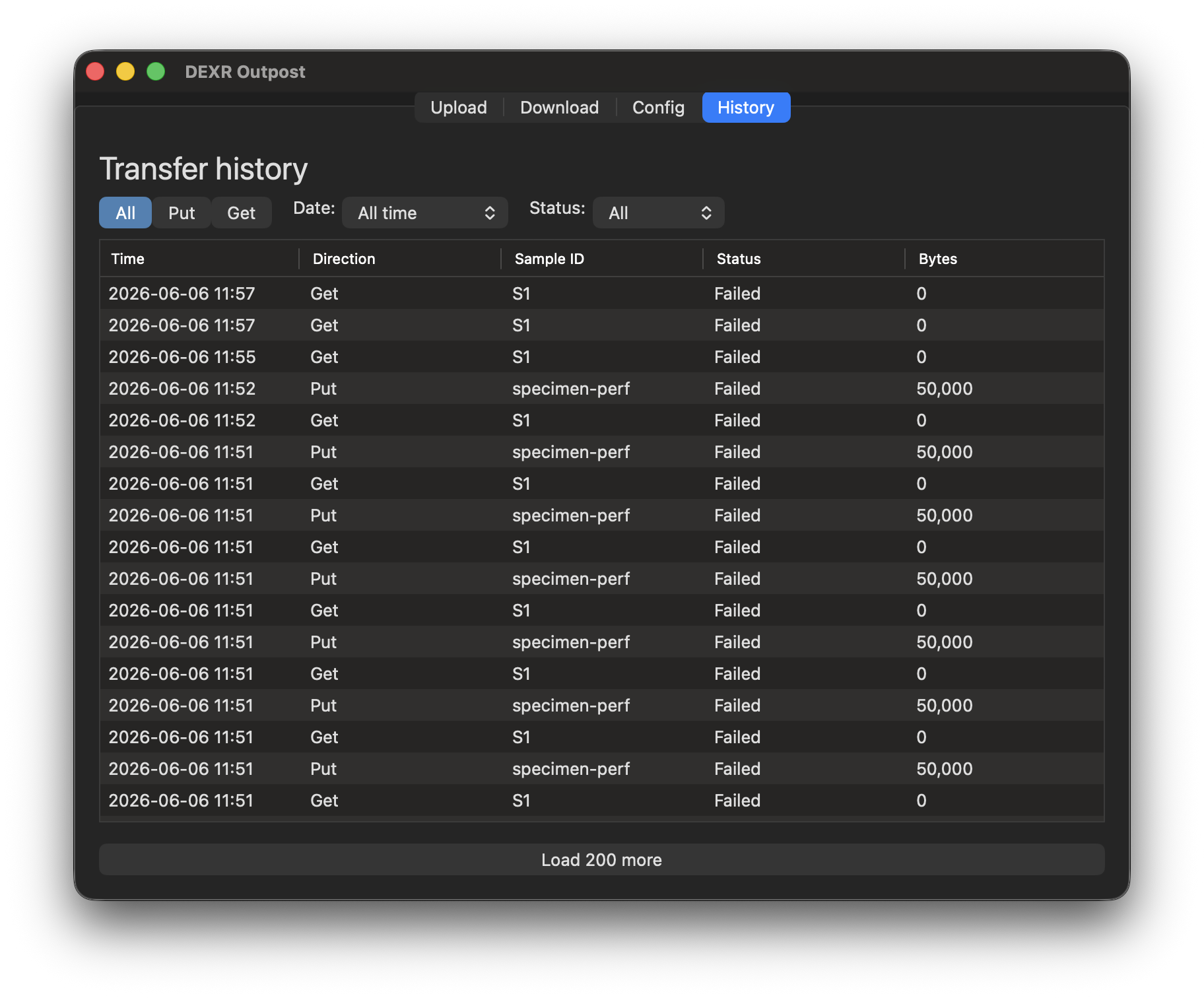 History tab with a populated transfer table