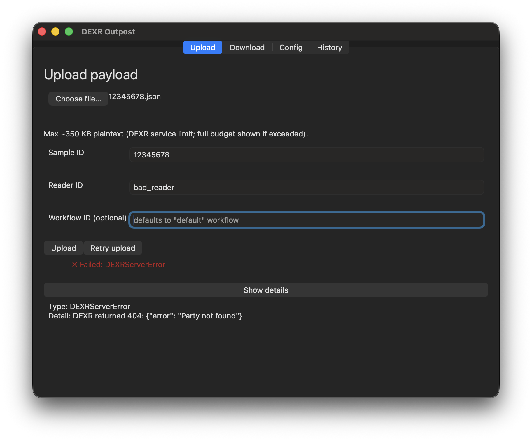 Upload tab showing a red failure indicator with a "Show details" button