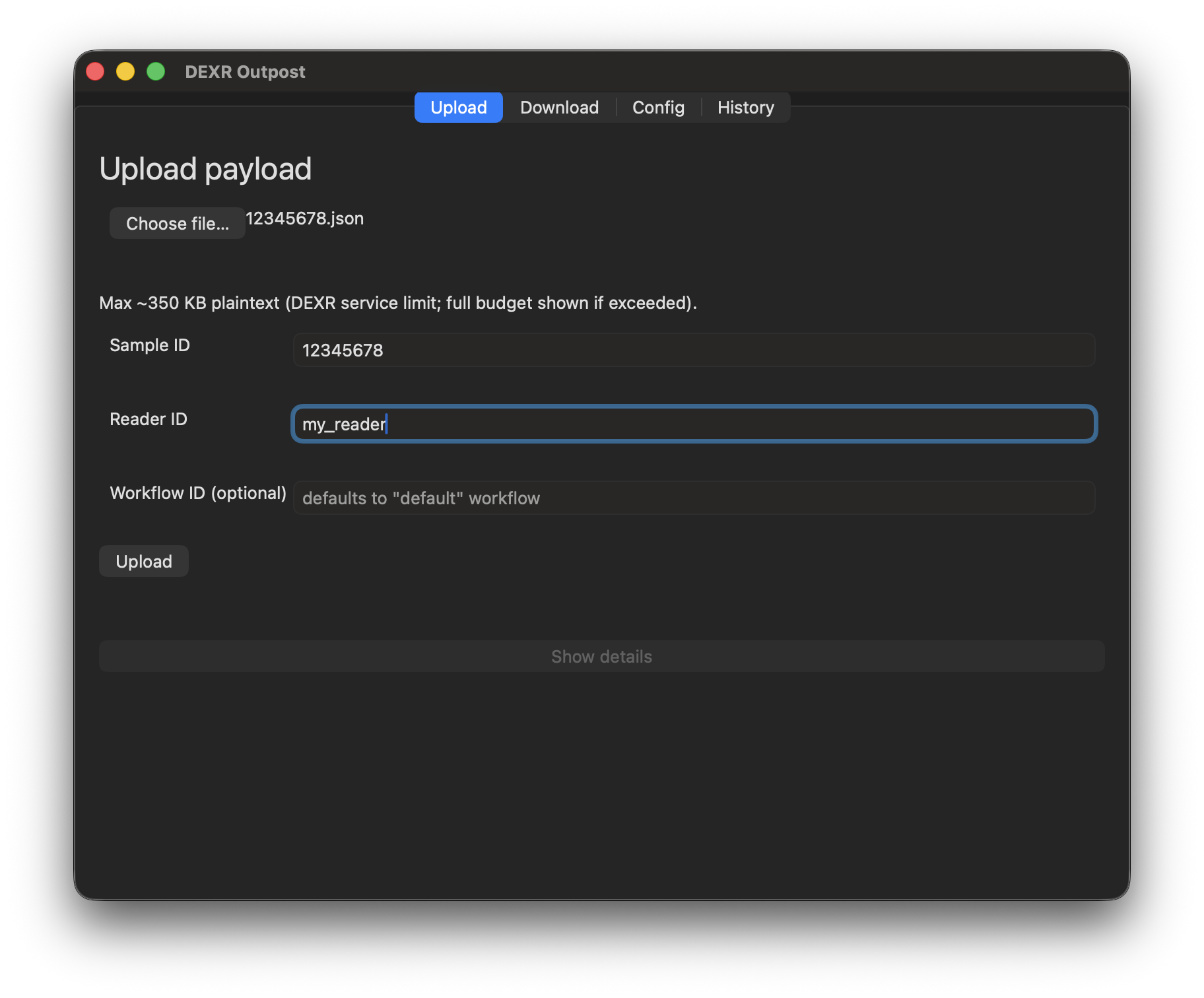 Upload tab with a file selected and Sample ID and Reader ID filled in